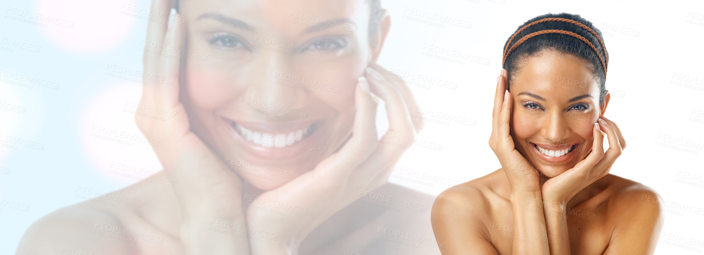 Buy stock photo Happy woman, skin and beauty in portrait, double exposure and banner with mockup space on white background. Bokeh, dermatology with skincare, cosmetic care overlay with hands and smile in a studio