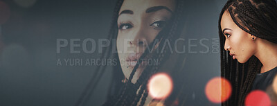 Buy stock photo Hair, mockup space and African woman with beauty for texture, haircare and braids on banner. Salon, hairdresser overlay and person on studio background with natural hairstyle, cosmetics and growth