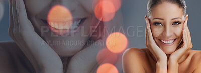 Buy stock photo Double exposure, beauty and portrait of woman with skincare, smile and glow on skin isolated in a gray background. Face, natural and happy young person relax with cosmetic calm, care or aesthetic