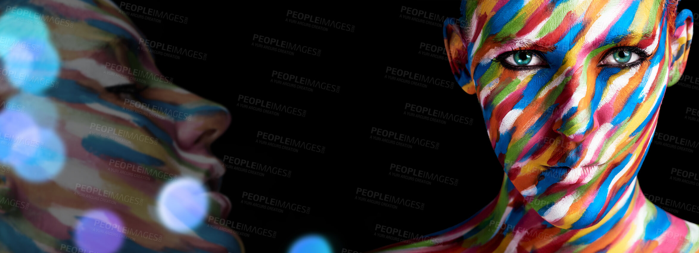 Buy stock photo Woman, face paint and double exposure with creative art, makeup and colorful cosmetics in studio. Portrait, painting and rainbow design with mockup space and bokeh with banner and color splash