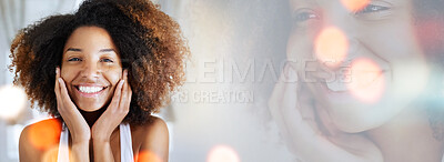 Buy stock photo Beauty, bokeh and portrait of black woman in mockup, smile and cosmetics, skincare or dermatology promo Banner, overlay and facial tips, face of excited model with info space for makeup in studio.