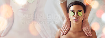 Buy stock photo Woman, massage and spa banner with cucumber skincare, eyes wellness and beauty on double exposure. Person relax from above with natural skin care, muscle healing and facial treatment for peace