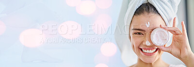 Buy stock photo Happy woman, portrait and face cream on banner for skincare or beauty on bokeh background. Female person or model smile with lotion, creme or moisturizer in for spa, product or cosmetics on mockup