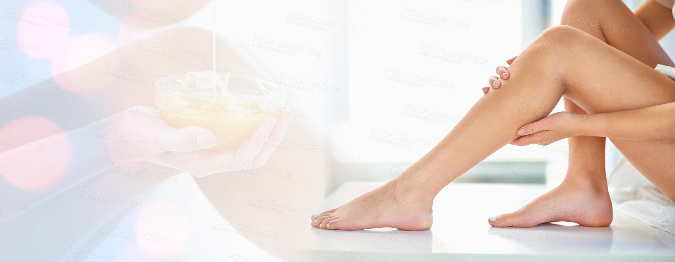 Buy stock photo Beauty, legs and double exposure space with a model in studio on a banner for natural skincare or wellness. Hands, mockup and a woman touching her smooth skin after treatment at the spa or salon