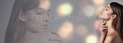 Buy stock photo Beauty, double exposure and face of woman with mockup space for advertising, makeup promotion and banner. Skincare overlay, dermatology and person with cosmetics, glamour and luxury glow in studio