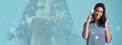 Buy stock photo Happy woman, banner and headphones listening to music, podcast or thinking on bokeh background. Female person or model smile with headset for audio streaming, daydreaming or sound track on mockup