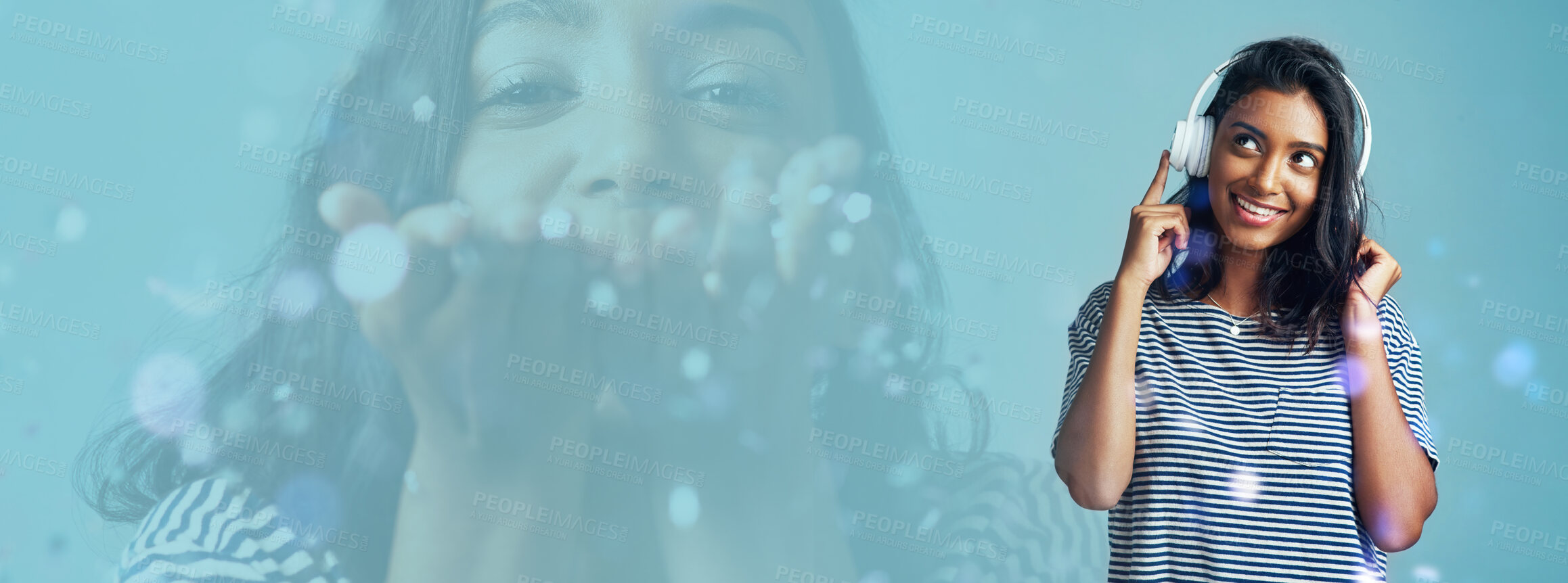 Buy stock photo Happy woman, banner and headphones listening to music, podcast or thinking on bokeh background. Female person or model smile with headset for audio streaming, daydreaming or sound track on mockup