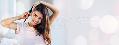 Buy stock photo Portrait, beauty and hair brush with a woman on banner space for natural haircare treatment. Smile, aesthetic and mockup with a happy young person brushing for style during her daily grooming routine