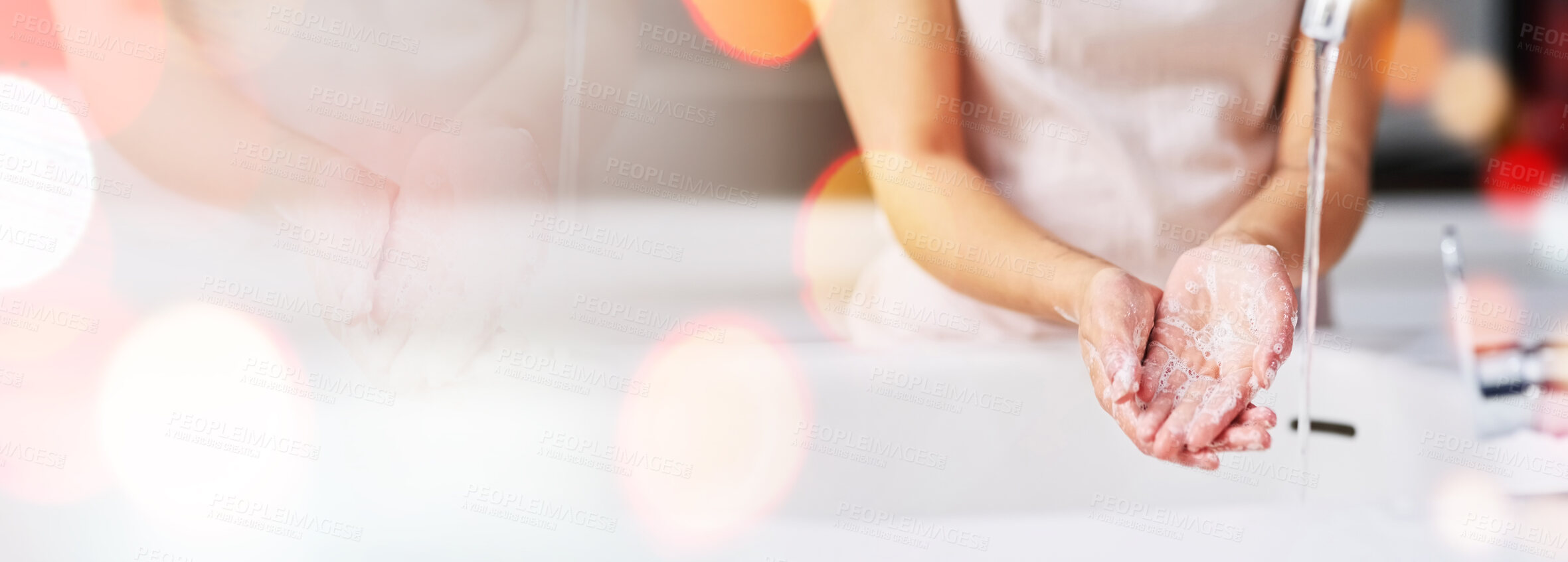 Buy stock photo Washing hands, person and bathroom with hygiene morning and water with mockup space. Cleaning, home and soap with skincare, bacteria protection and wash in a house with care and bokeh from wellness