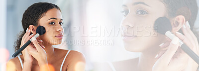 Buy stock photo Woman, face and brushing makeup for beauty, cosmetics or foundation product on banner. Female person or model applying blush or contour for facial treatment, skincare or morning routine on mockup