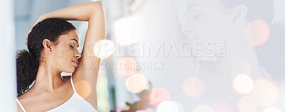 Buy stock photo Fresh, hygiene and armpit with a woman on banner mockup for self care grooming at home in the morning. Wax, hair removal and smell with a young person in the bathroom for skincare beauty on space