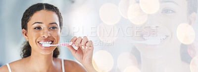 Buy stock photo Happy woman, brushing teeth and smile for banner or dental hygiene, morning routine or bokeh. Female person or model cleaning mouth, oral and gum care with toothbrush or double exposure mockup