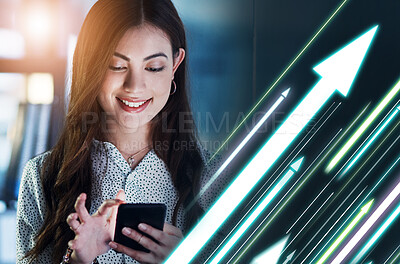 Buy stock photo Happy woman, phone and trading for growth, investment or market increase on overlay at office. Female person, trader or broker smile on mobile smartphone app for profit, interest or bonus upgrade