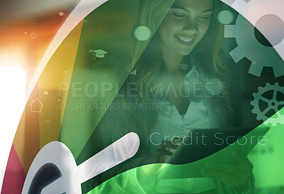 Buy stock photo Graphic, corporate and a business woman with a tablet for big data, search and a website. Happy, overlay and a female employee reading an email on technology for networking, planning or analytics