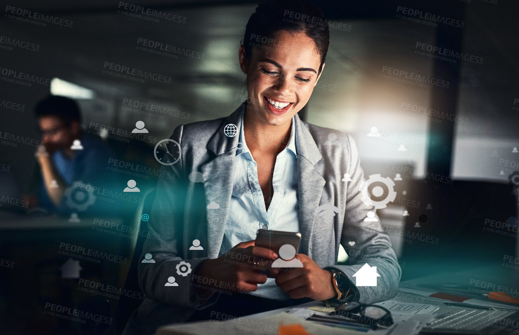 Buy stock photo Business woman, phone and icons hologram for social media, contact search and networking in night office. Professional worker typing on mobile or integration software, 3d chat and communication gears