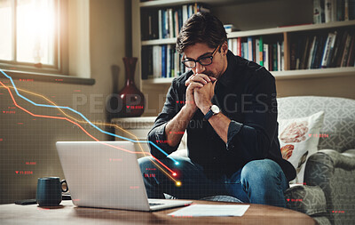 Buy stock photo Man, laptop and trading in remote work, stock market or financial crisis from bad investment on sofa at home. Male person or trader thinking, checking profit or loss on buying and selling stocks