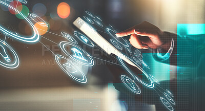 Buy stock photo Business person, hand and digital hologram at night of UI, HUD or dashboard for interaction at office. Closeup of employee working late on futuristic technology, 3D or holographic icons at workplace