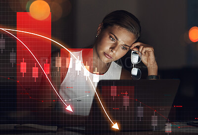 Buy stock photo Woman, night and trading on stock market in loss, financial crisis or debt on overlay at office. Frustrated female person or trader working late in mistake, bad investment or bankruptcy at workplace