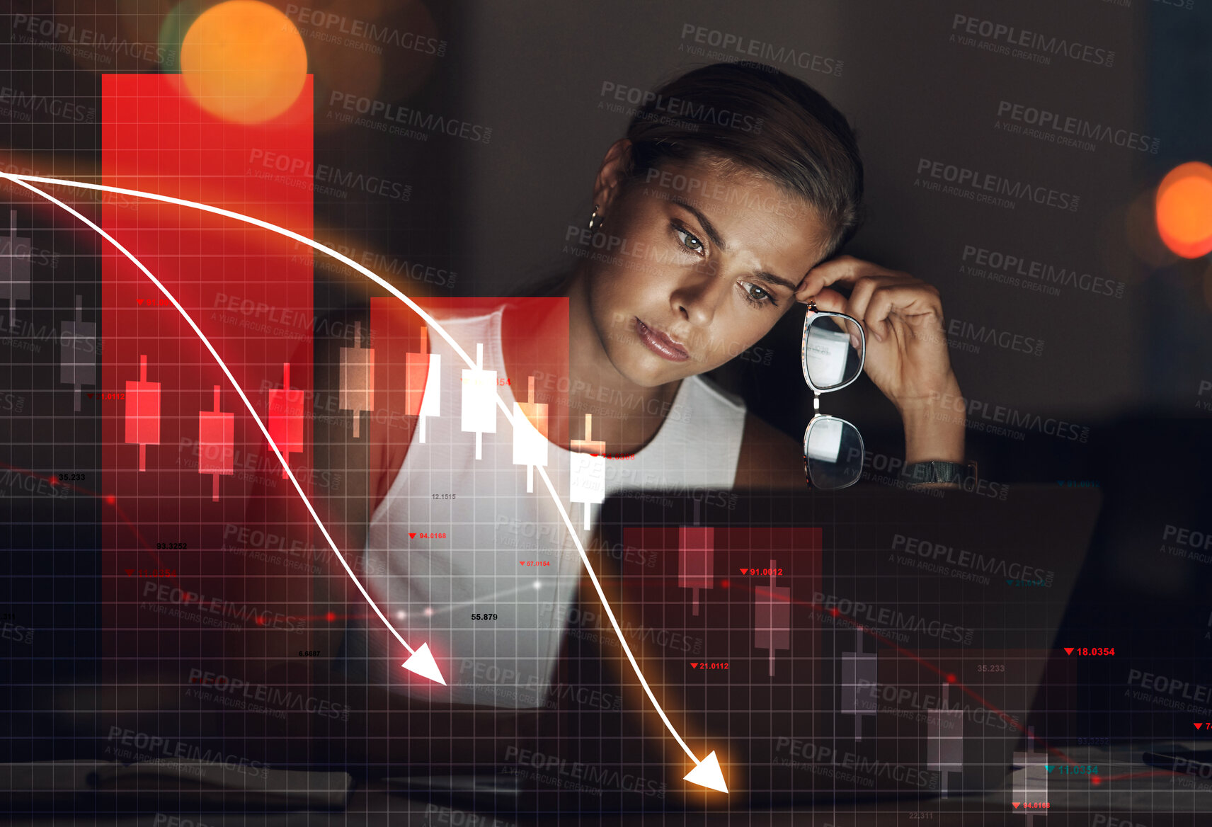 Buy stock photo Woman, night and trading on stock market in loss, financial crisis or debt on overlay at office. Frustrated female person or trader working late in mistake, bad investment or bankruptcy at workplace