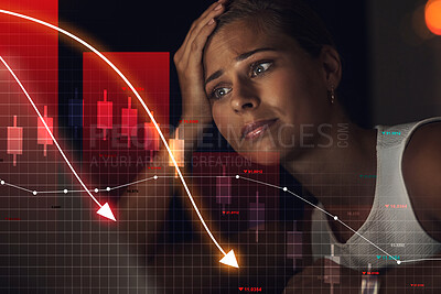 Buy stock photo Woman, night and trading in mistake, stock market crash or loss in financial crisis or debt on overlay at office. Frustrated female person or trader working late in fail, bad investment or bankruptcy