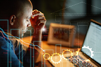 Buy stock photo Man, stress and financial chart with double exposure, laptop and stock market crash with data analysis. Trading crisis, debt stats and inflation by interest rate graph, bank overlay or sad accountant