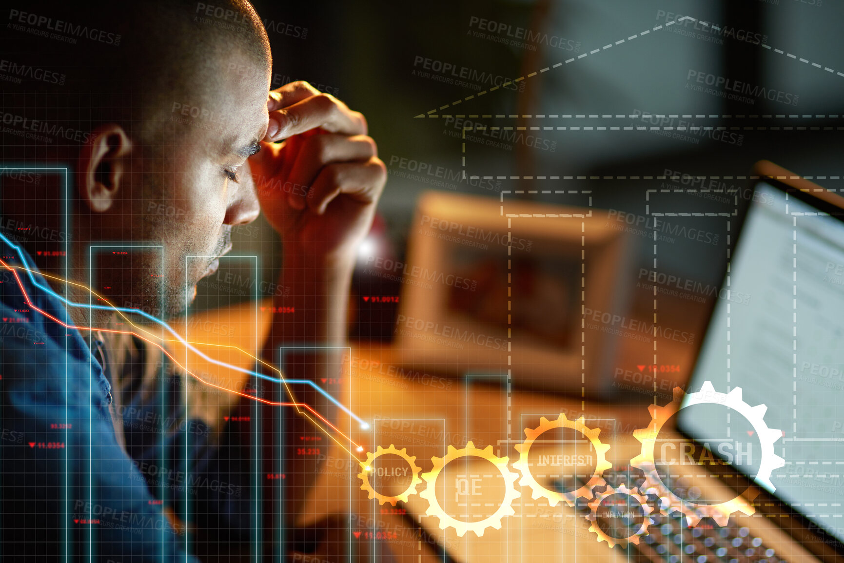 Buy stock photo Man, stress and financial chart with double exposure, laptop and stock market crash with data analysis. Trading crisis, debt stats and inflation by interest rate graph, bank overlay or sad accountant