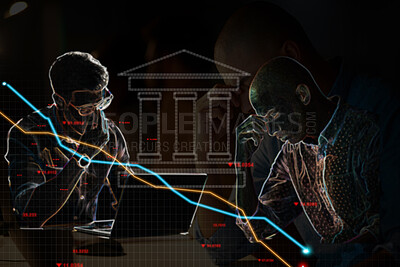 Buy stock photo Business people, stress and financial chart with double exposure, stock market crash and data analysis. Trading crisis, debt stats and inflation by interest rate graph, bank overlay or sad accountant