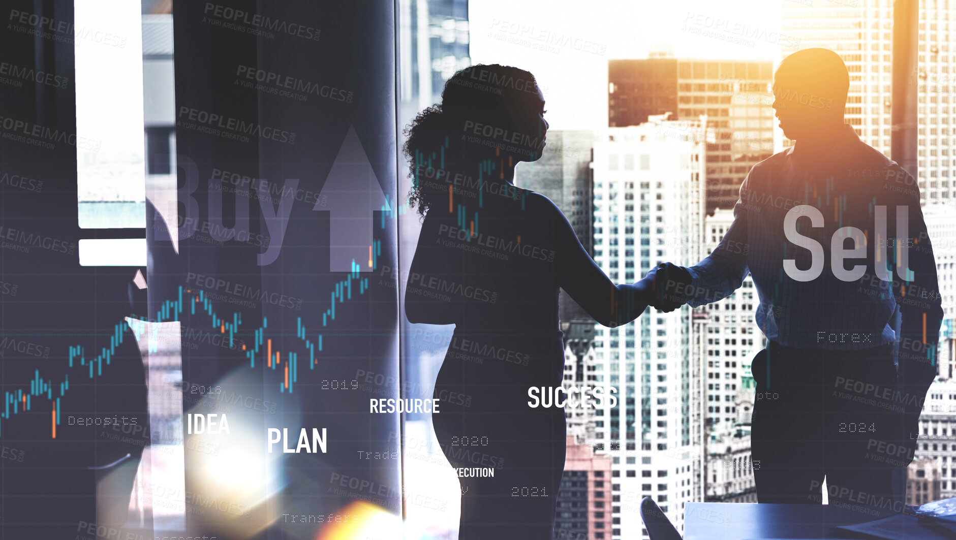 Buy stock photo Business people, handshake and data in double exposure for broker advice, investment and partnership or meeting. Investor, trader or clients shaking hands in silhouette for assets and finance success