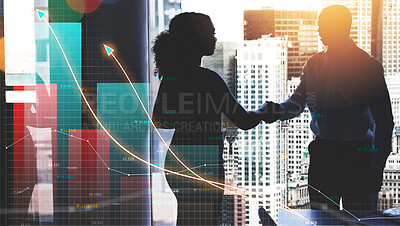 Buy stock photo Silhouette, handshake and business people with overlay of data analysis success and company growth from teamwork. Partnership, agreement and employees with graphs, sales and deal strategy in meeting