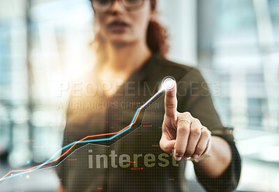 Buy stock photo Hologram, graph and finger of person for finance analysis, website and fintech mockup. Business, data and digital technology with overlay for stock market interest, networking and research in office