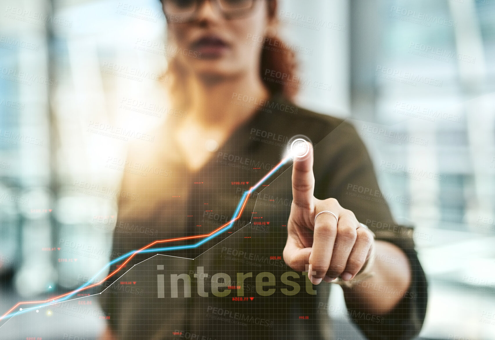 Buy stock photo Hologram, graph and finger of person for finance analysis, website and fintech mockup. Business, data and digital technology with overlay for stock market interest, networking and research in office