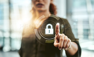 Buy stock photo Hand point, lock hologram and cyber security with safety, pin and app with biometric on web. Data protection, press and password to stop scam, phishing and malware with woman fingerprint in office