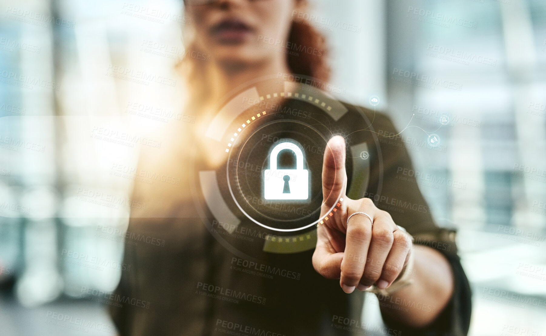 Buy stock photo Hand point, lock hologram and cyber security with safety, pin and app with biometric on web. Data protection, press and password to stop scam, phishing and malware with woman fingerprint in office