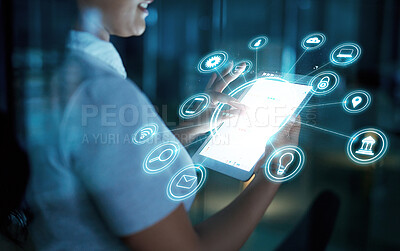 Buy stock photo Hologram, tablet and person at night for social media, website and online app mockup. Business, dark office and digital tech screen with overlay for communication, networking and research in office