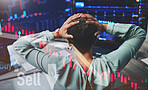 Finance, woman and hand on head with back for stock market, stress or software glitch in office. Cryptocurrency, person and double exposure with bad investment, financial crisis or trading with web