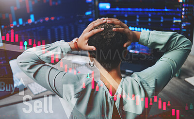 Buy stock photo Finance, woman and hand on head with back for stock market, stress or software glitch in office. Cryptocurrency, person and double exposure with bad investment, financial crisis or trading with web