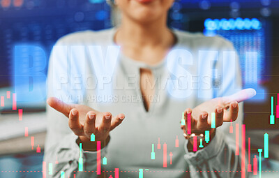 Buy stock photo Woman, hands and hologram with stock market for trading in overlay for money, risk or investment. Person, gesture and digital for online, profit or payment with lines, chart and growth in finance