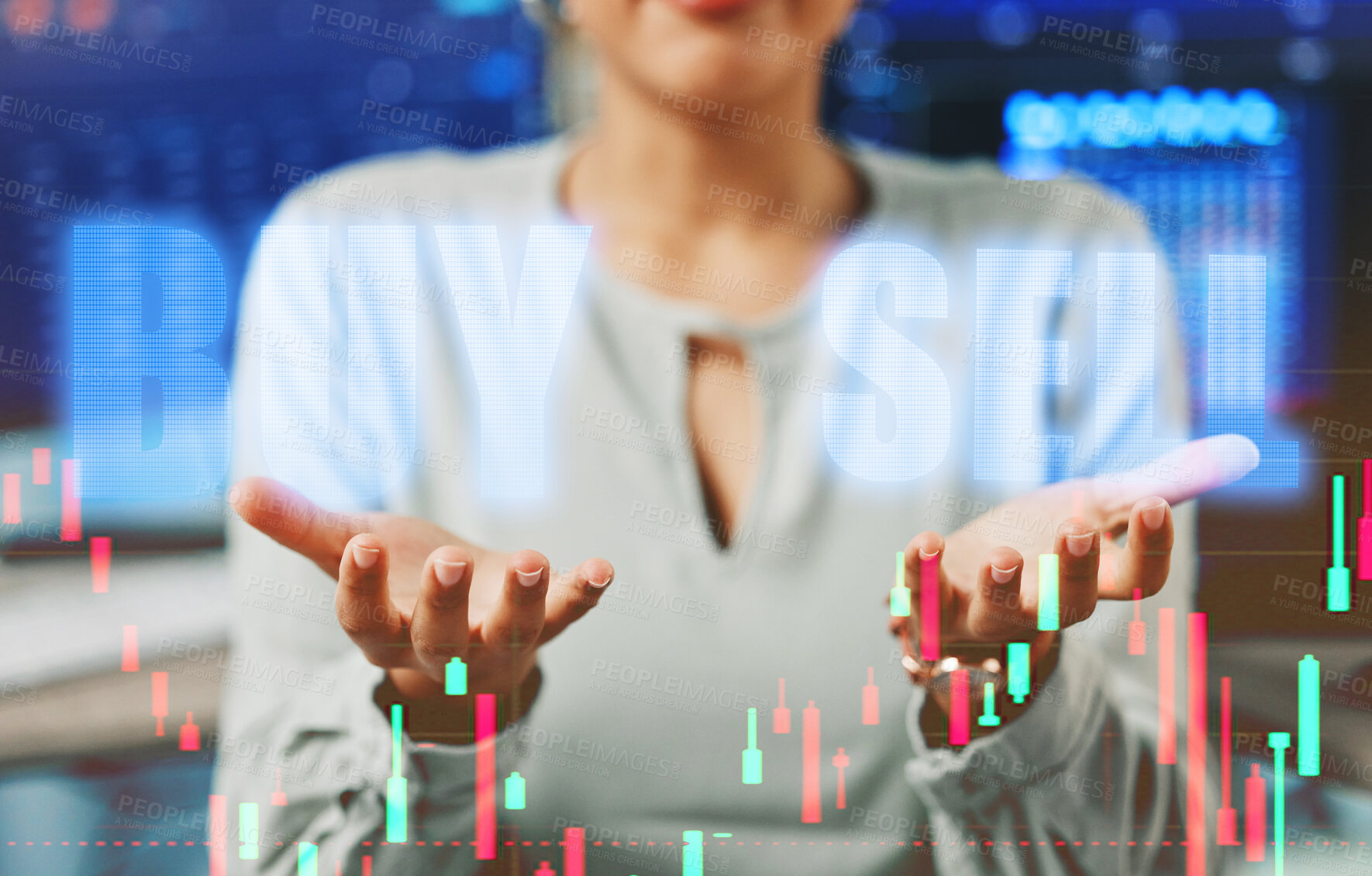 Buy stock photo Woman, hands and hologram with stock market for trading in overlay for money, risk or investment. Person, gesture and digital for online, profit or payment with lines, chart and growth in finance