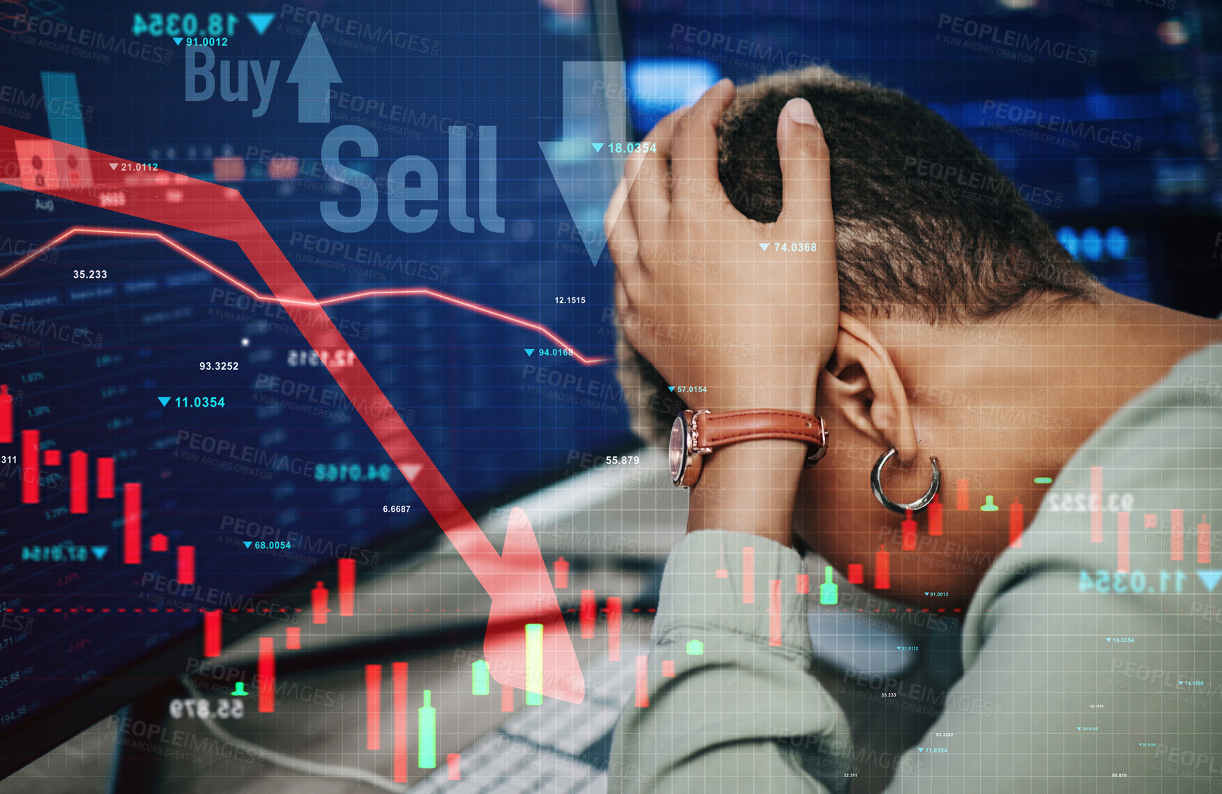 Buy stock photo Woman, stress and banking of stock market, crash or financial crisis in overlay on computer. African, person and headache in trading, digital or fintech for lines, chart and money risk for investment