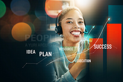 Buy stock photo Happy woman, call center and trading for advice on investment, planning or profit on overlay at office. Female person, broker or financial advisor smile with headphones for stock market help or plan