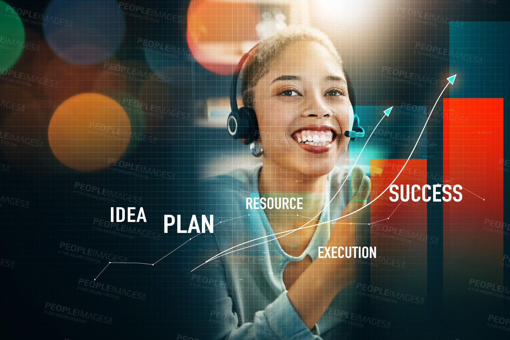 Buy stock photo Happy woman, call center and trading for advice on investment, planning or profit on overlay at office. Female person, broker or financial advisor smile with headphones for stock market help or plan