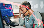 Fail graphic, headache and a woman at a call center for big data stress or telemarketing burnout. Fatigue, contact us and overlay or a customer service employee with anxiety from online stats