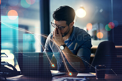 Buy stock photo Man, headache and stock market crash, financial fail or business investment mistake in night office overlay. Frustrated trader with depression, pain or stress and trading statistics or data on laptop