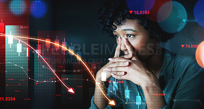 Buy stock photo Woman, stress and arrow by chart, double exposure or stock market crash for fail, mistake and analysis. Financial crisis, debt and inflation with interest rate stats, bank overlay or sad accountant