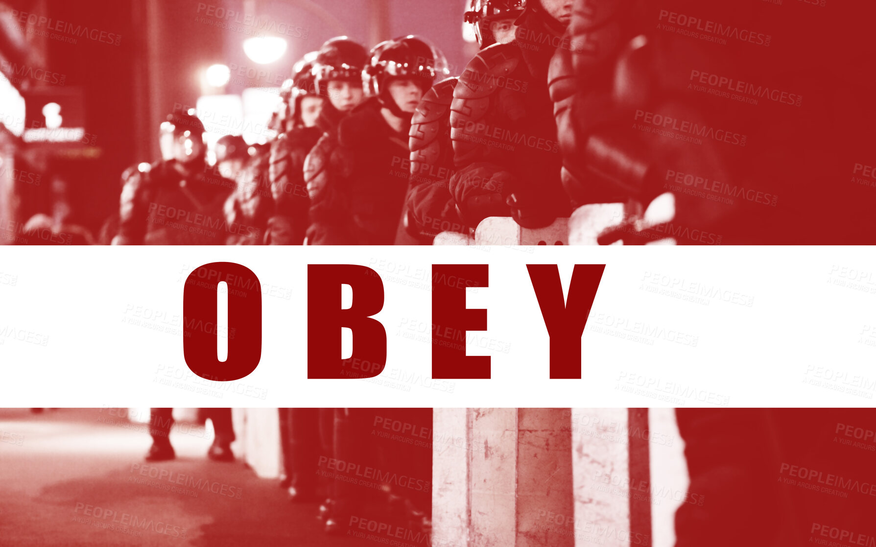 Buy stock photo Riot, police and overlay with warning from army, military or government to obey, law or barrier to control crowd. Protest, security and people with shield on street or soldier with armor in city