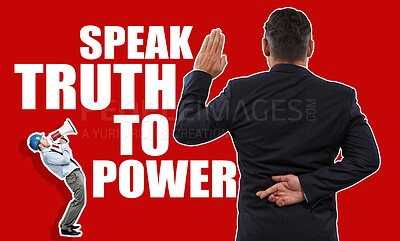 Buy stock photo Megaphone, studio and business men for strike, protest and justice for equality on red background. Whistleblower, mockup space and worker with mic shout for equal pay, human rights and fraud for boss