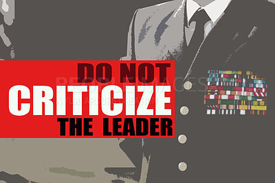 Buy stock photo Military, propaganda and mind control with a poster of a leader on text for order or authority. Leadership, banner and politics with an army general in command of a brainwashing revolution closeup