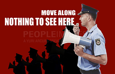 Buy stock photo Man, communication and police officer with megaphone, safety and announcement with red background. Profile, person and bullhorn, crowd control and speech with justice, legal law and illustration