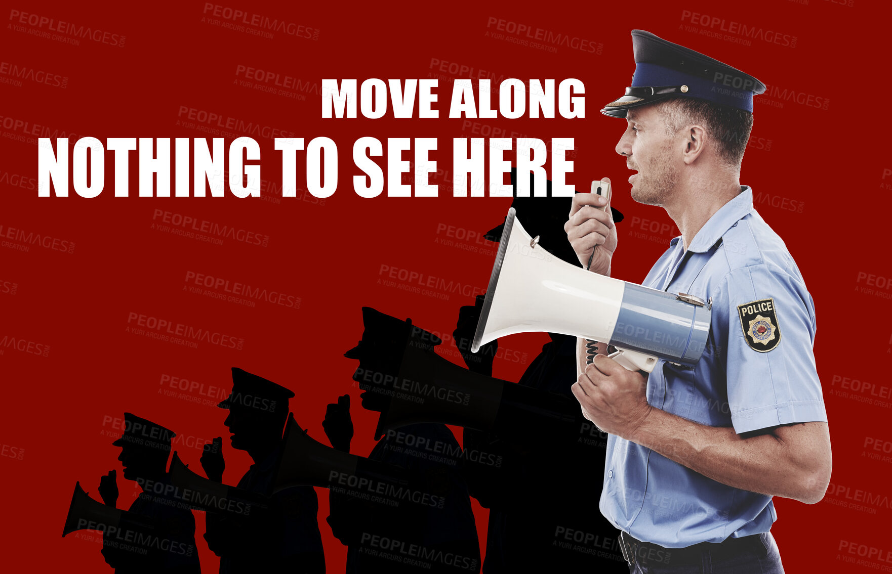 Buy stock photo Man, communication and police officer with megaphone, safety and announcement with red background. Profile, person and bullhorn, crowd control and speech with justice, legal law and illustration