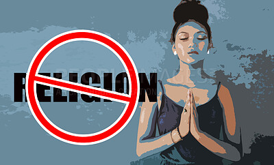 Buy stock photo Woman, stop religion and sign for silence, oppression or choice for freedom, expression or faith. Girl, no entry and block with censored icon for yoga, zen meditation and balance chakra with overlay